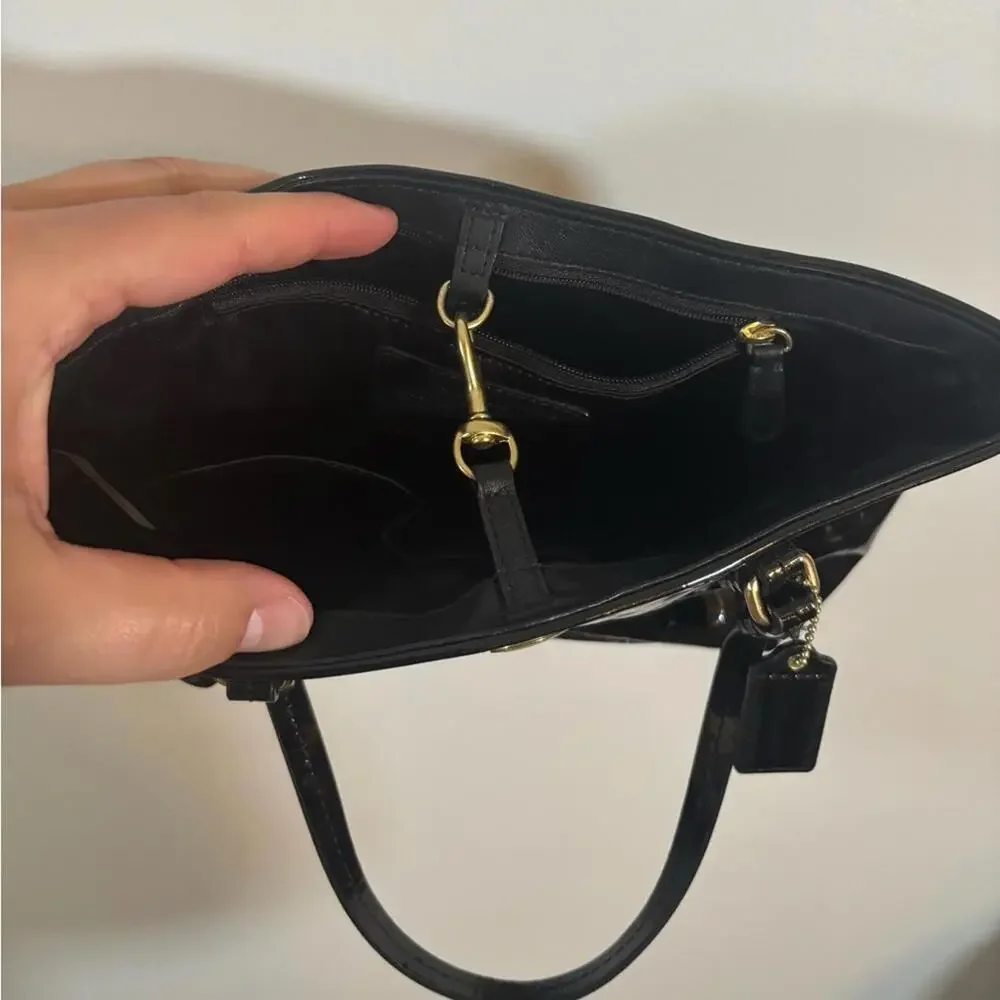 Coach Black Patent Leather Embossed Signature Tote Bag 13x9” Gold Hardware